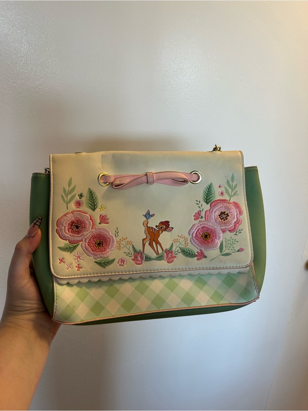 Loungefly Green and Pink Bambi Floral Shoulder Bag